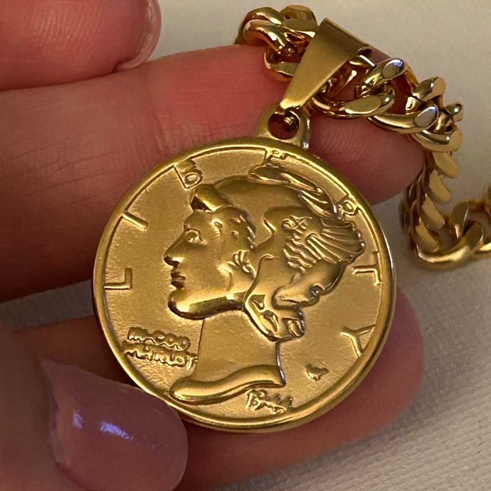 Gold Coin Pendant Necklace Stainless Steel - Picture 4 of 7